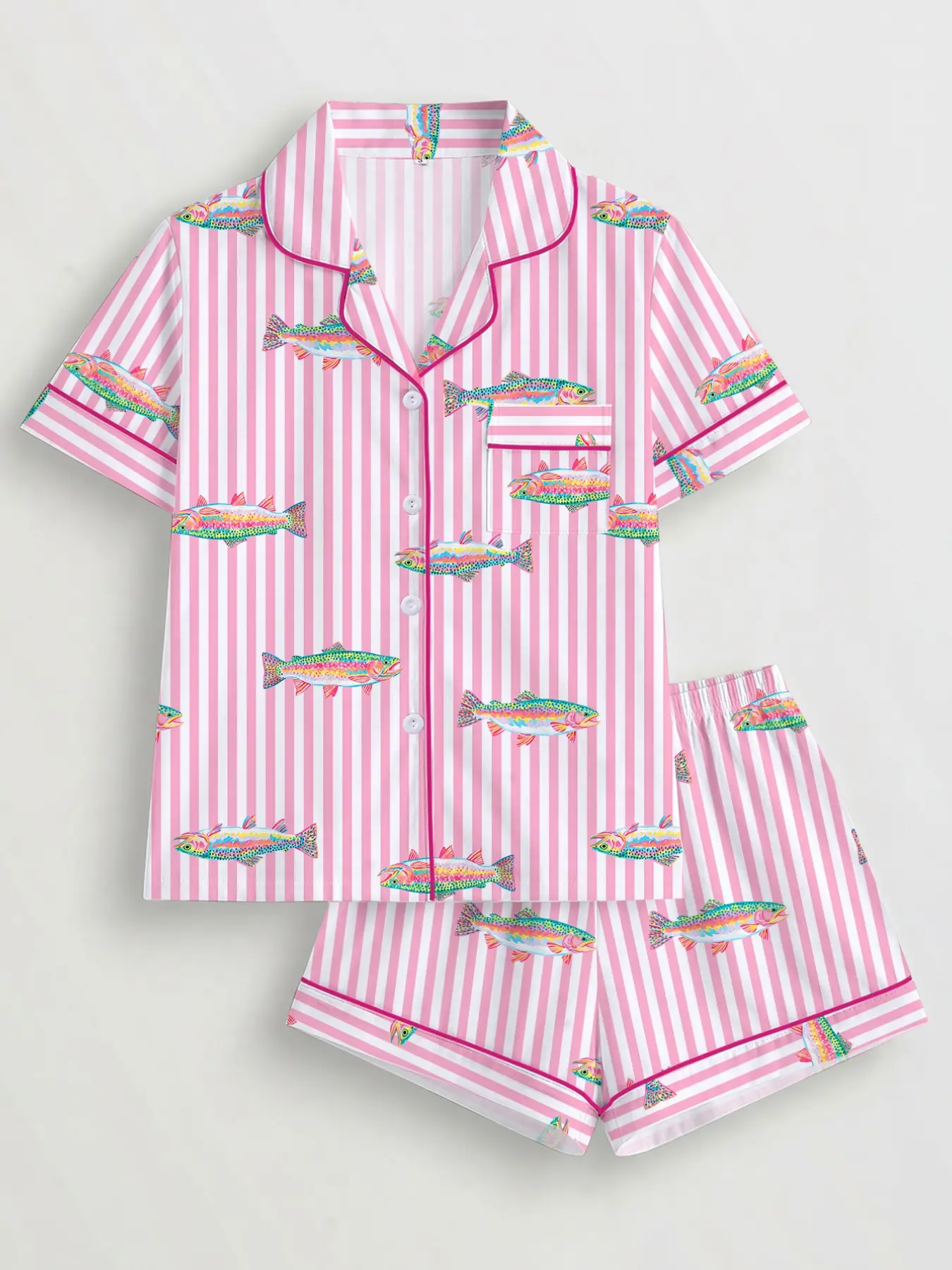 Women's Pajama Set, Striped Fish Print, Short Sleeve Button-Up Top, Elastic Shorts, Casual Home Wear, Comfortable Sleepwear