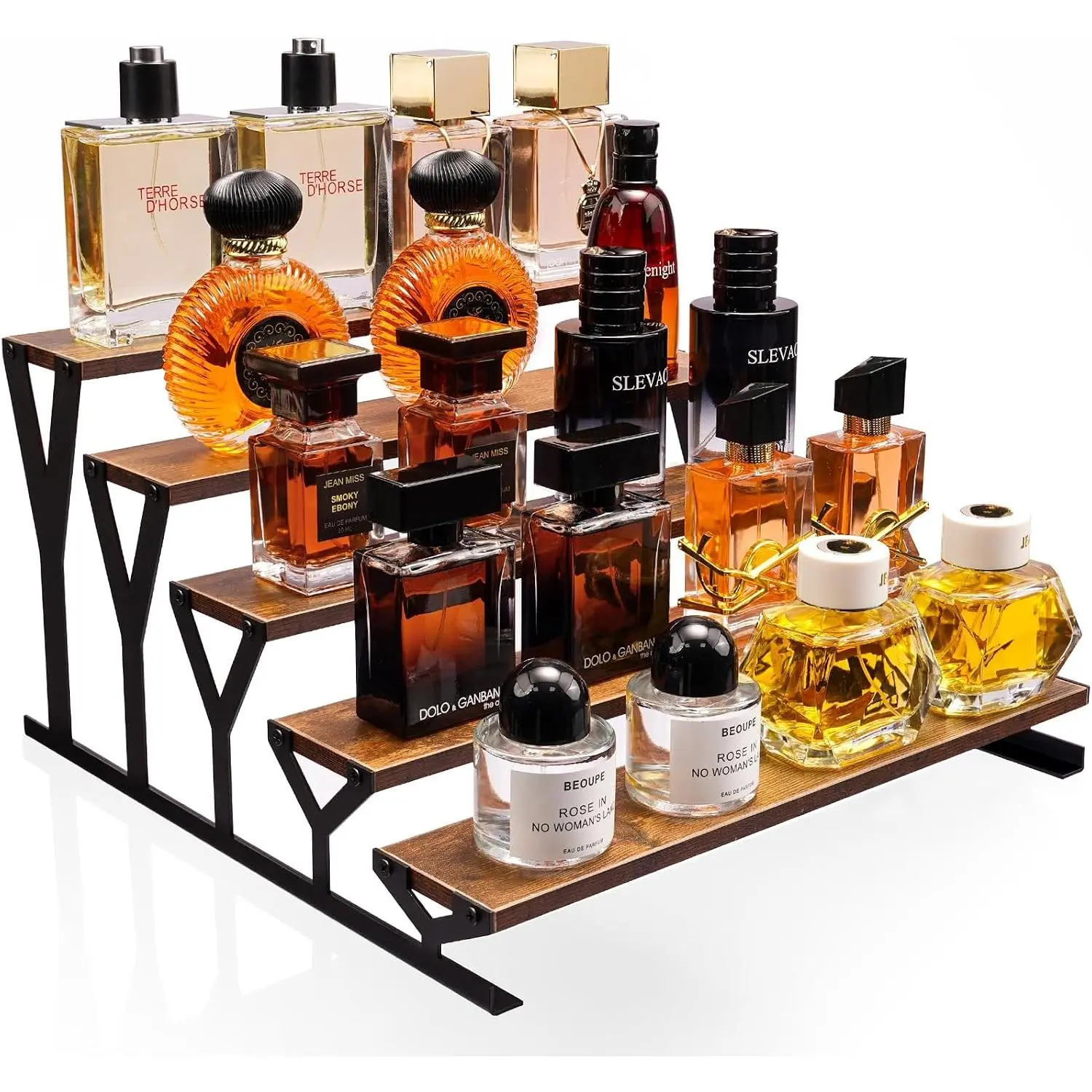 5 Tier Wooden Display Riser Stand 13.8 Inch Metal Step Perfume Stand Organizer Tabletop Tiered Display Shelf Rack for Cologne Cupcake  Figures  Candles (Brown, Y-Shape)