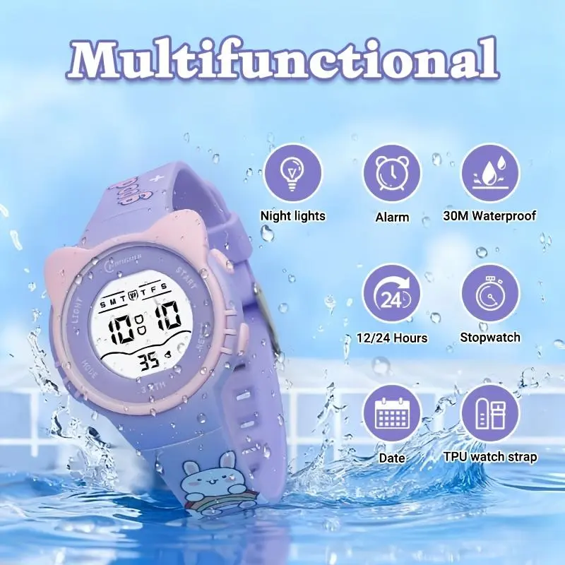 Women's Colorful Cartoon Cat-Themed Electronic Watch - 50m Waterproof for Swimming, Female Fashion Accessory with Alarm, 24 Hour Stopwatch, Luminous Digital Display, Alarm Timer