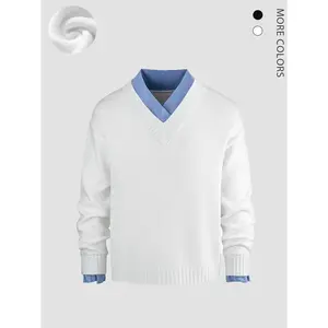 Men's Fall Winter V Neck Long Sleeve Knit Pullover, Casual Fitted Colorblock Sweater, Comfortable Warm Layered Design, Unisex Outdoor Wear