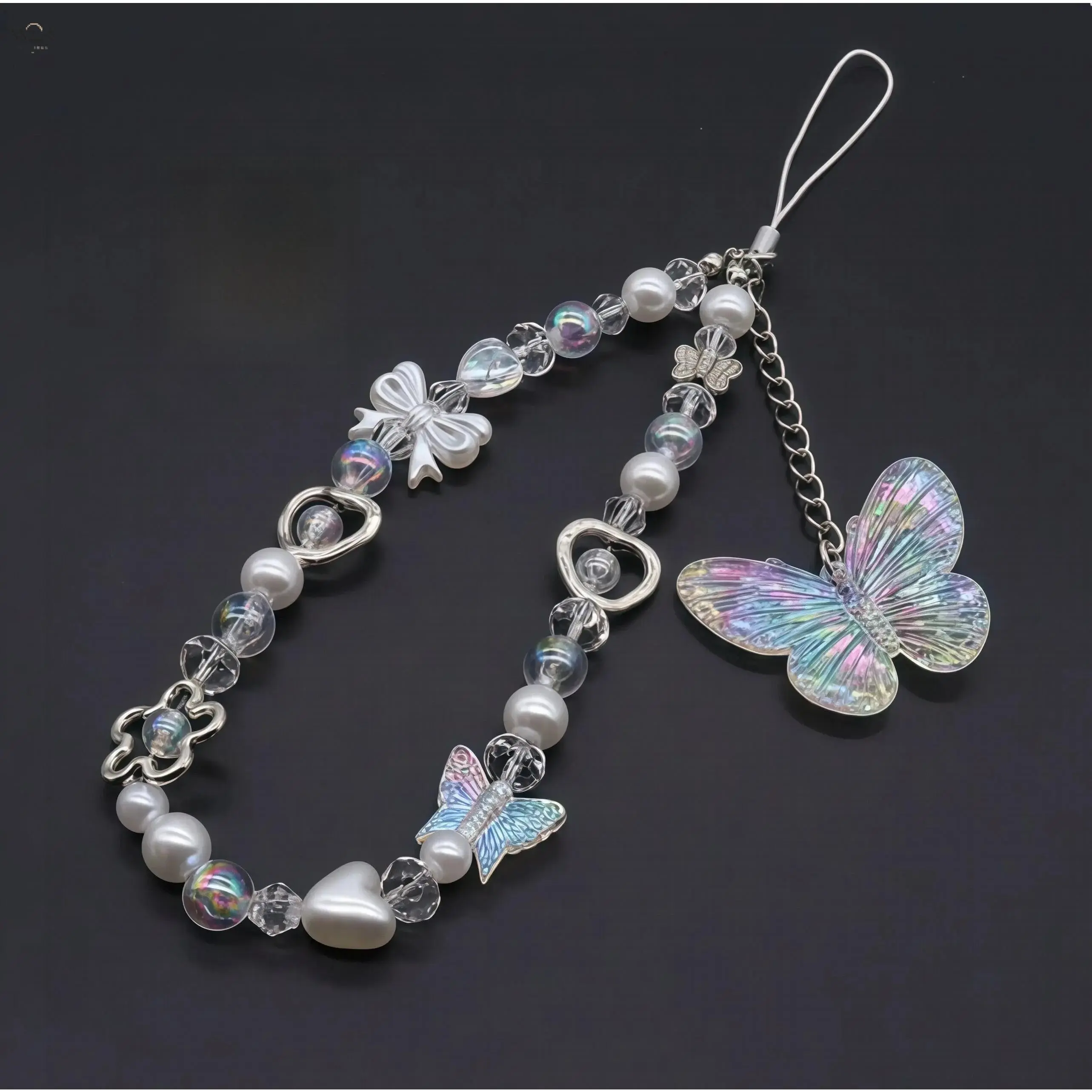 26CM Iridescent Butterfly Beaded Phone Lanyard, Y2K Aesthetic Pearl Crystal Cell Phone Strap, Cute Floral Hollow Charms Wrist Strap for Women Girls