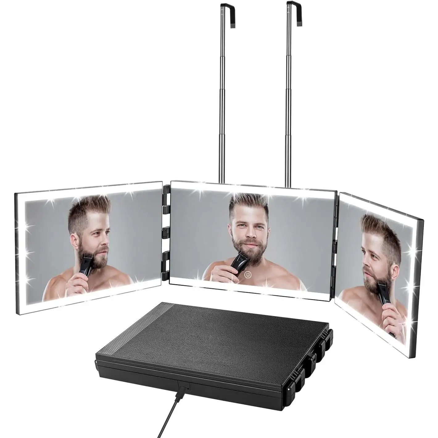 Rechargeable 3-Way Trifold Mirror for Home Supplies - Adjustable Size, 8 Light Strips, Telescoping Hooks for Hair Styling, Makeup Products, Gift Idea (See Back of Head for Self Hair Cutting, Shaving)