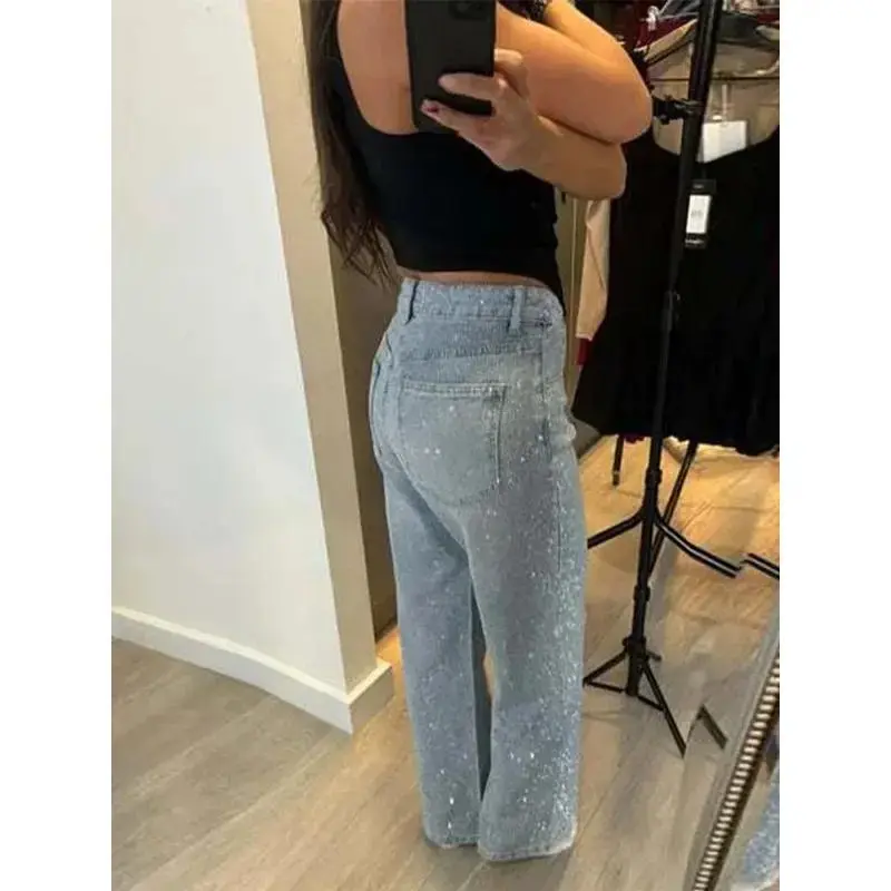 Sparkling Women Slight Blue All-Over Rhinestone Denim Jeans Full Diamonds Pants High Waist Straight Luxury Casual Daily Trousers