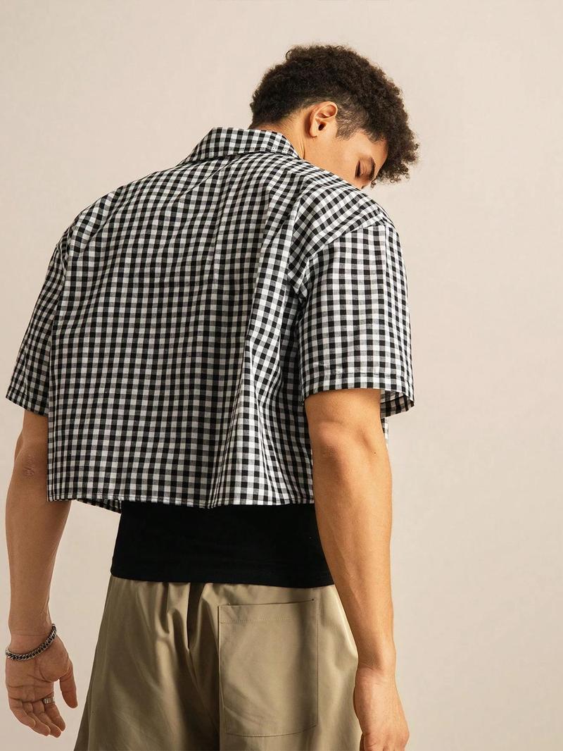 Men's Regular Fit Gingham Print Short Sleeve Shirt, Casual Half Sleeve Comfy Top for Fall, Men's Clothes for Daily Wear