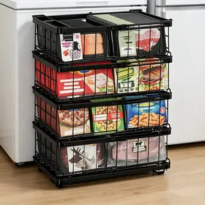 4 Pack Chest Freezer Baskets, Expandable Hanging Baskets Freezer Organiser with Foldable Handle, Large Capacity Stackable Kitchen Wire Rack