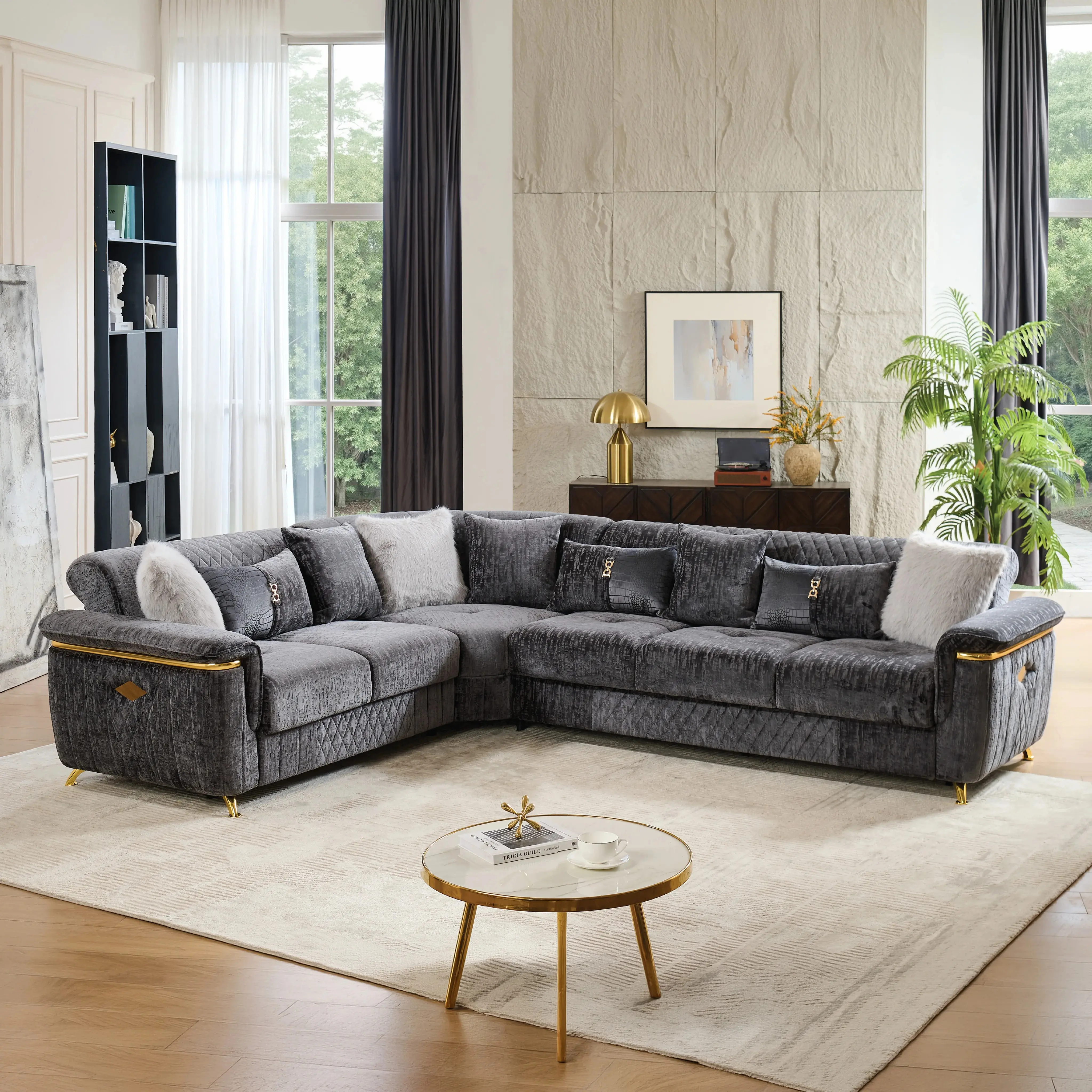 Contemporary Reversible L-Shaped Comfy Bi-Directional Sofa Set - Wood Frame, Stainless Steel Base, Durable, Assembly Required, Generous Seating Capacity, Color Options for Apartment Indoor Use (Ideal for Entertaining Guests, Family Gatherings)