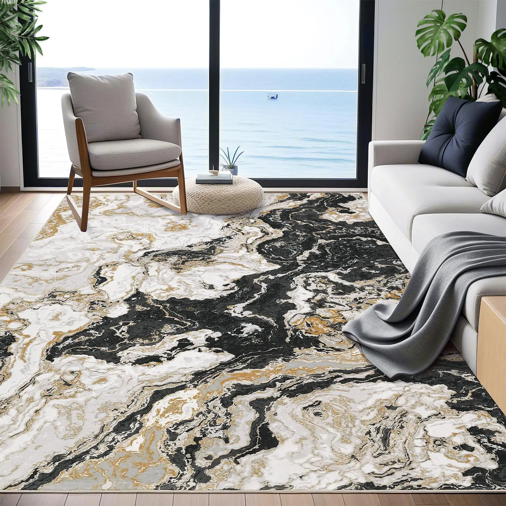 Garvee Area Rug 6x9 for Living Room Modern Washable Rugs, Boho Abstract Rug Soft Low Pile Indoor Floor Carpet for Bedroom Nursery Home Office, Black
