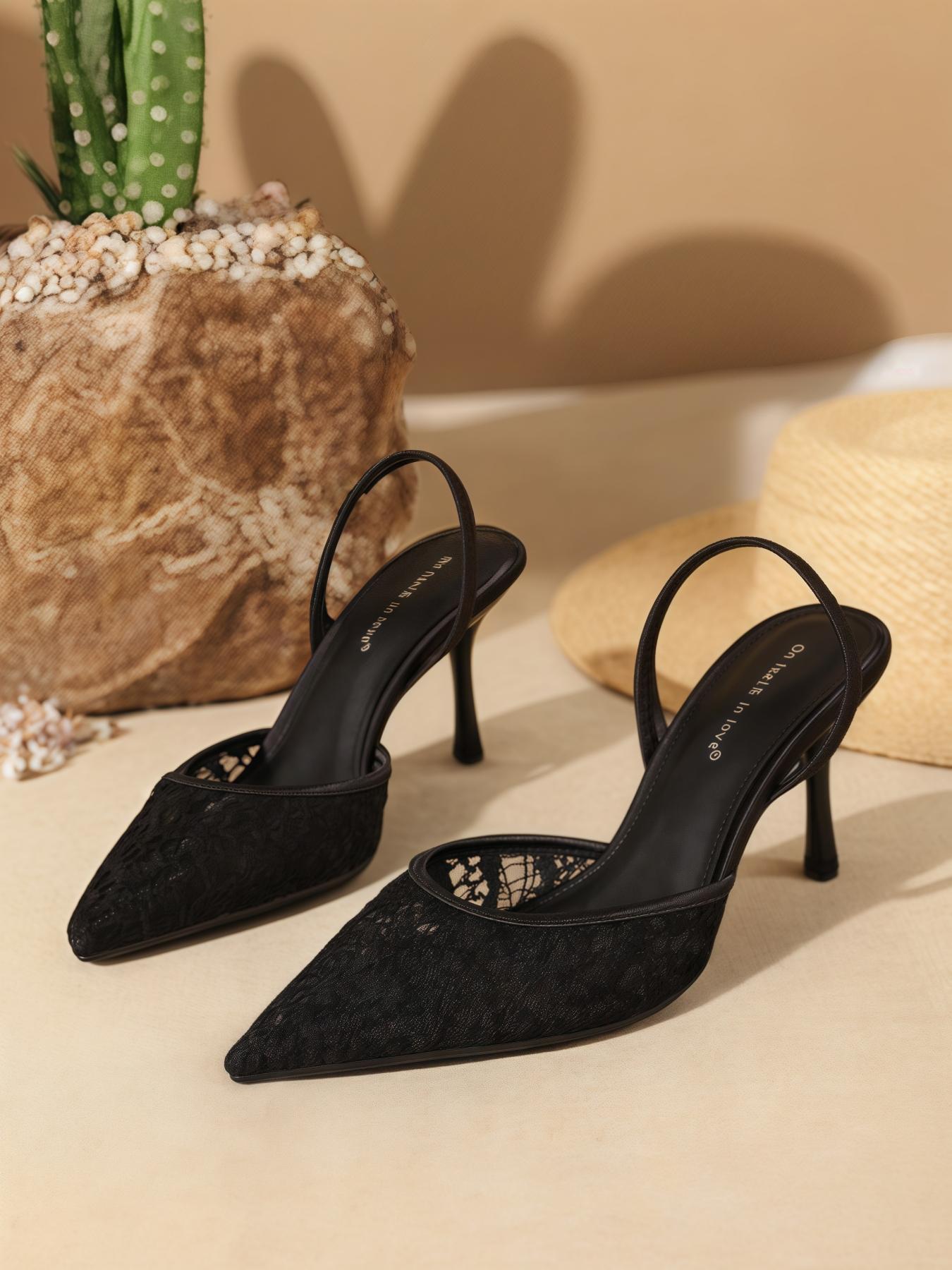 Women's Elegant Lace Mesh High Heel Shoes, Pointed Toe Slip On, Breathable Satin Upper, Perfect for Dresses, All Seasons, Elegant Party Footwear