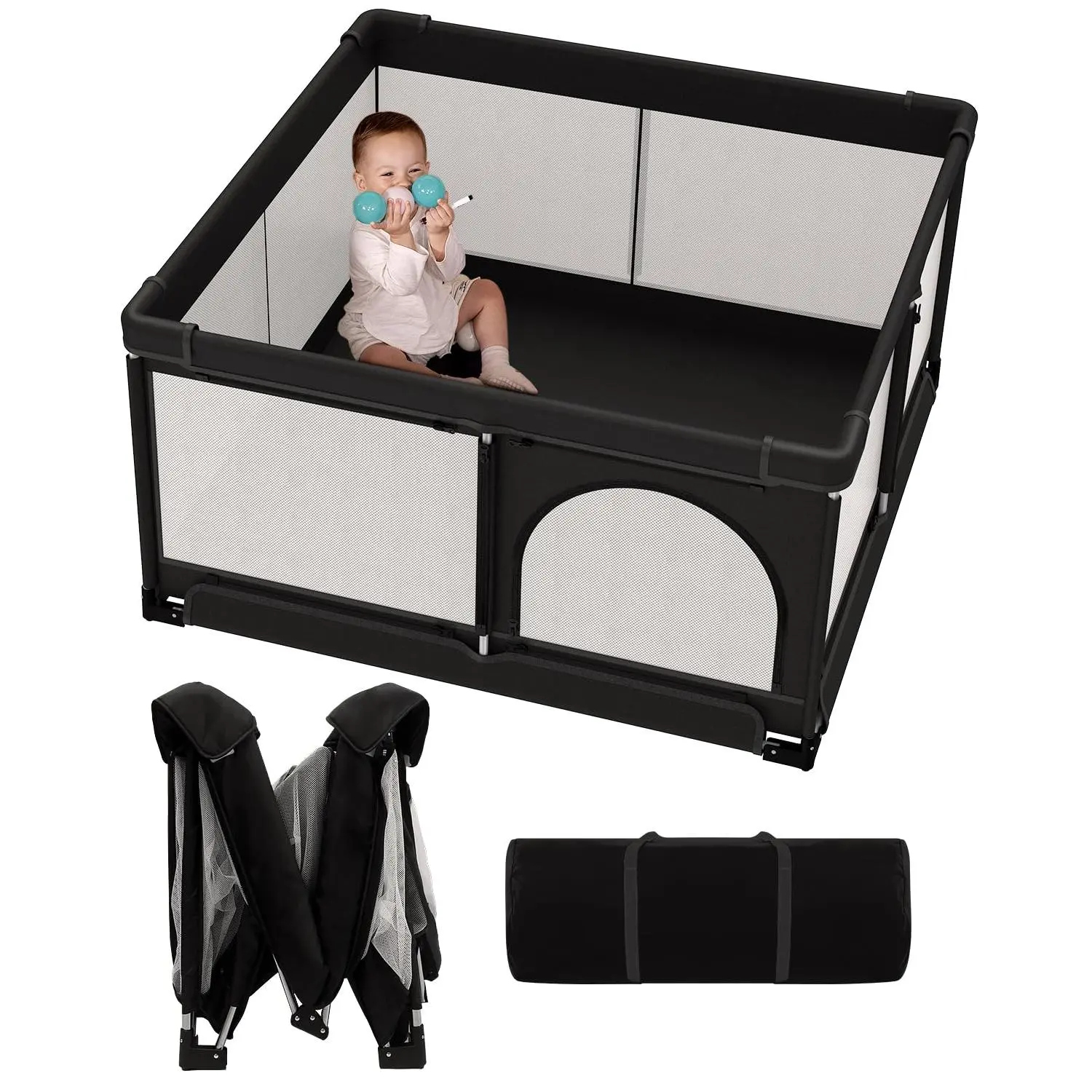 Foldable Baby Playpen, Extra Large Collapsible Play Yard  Babies & Toddlers, Portable Travel Playpen with Gate, Safe Indoor & Outdoor Activity Center (51"*51" Black)
