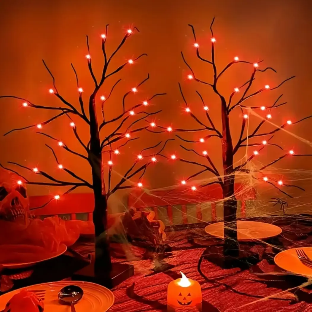 2-Piece Halloween Tree Lights, 24-Inch and Glow, 24 Leds, USB + Battery Powered, Indoor Home Decor, Haunted Room, Fireplace, Entryway
