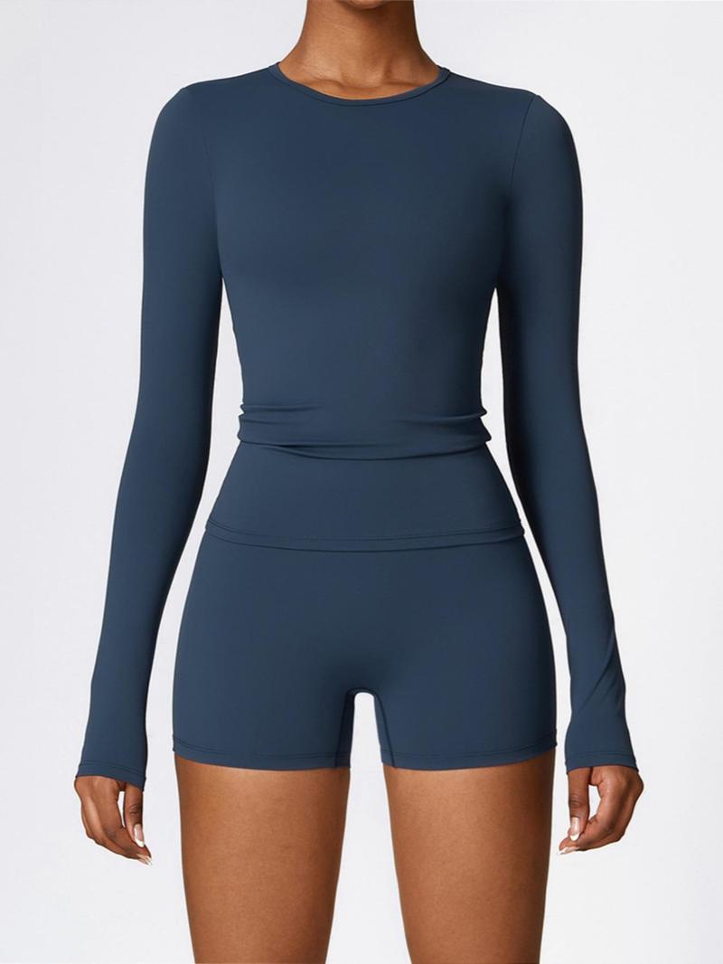 Women's Solid Round Neck Sports Tee & High Waist Shorts Tracksuit Set, Long Sleeve Tight-fitting Top & Skinny Shorts, Summer Outfits 2024, Ladies Sportswear for Indoor Outdoor Wear