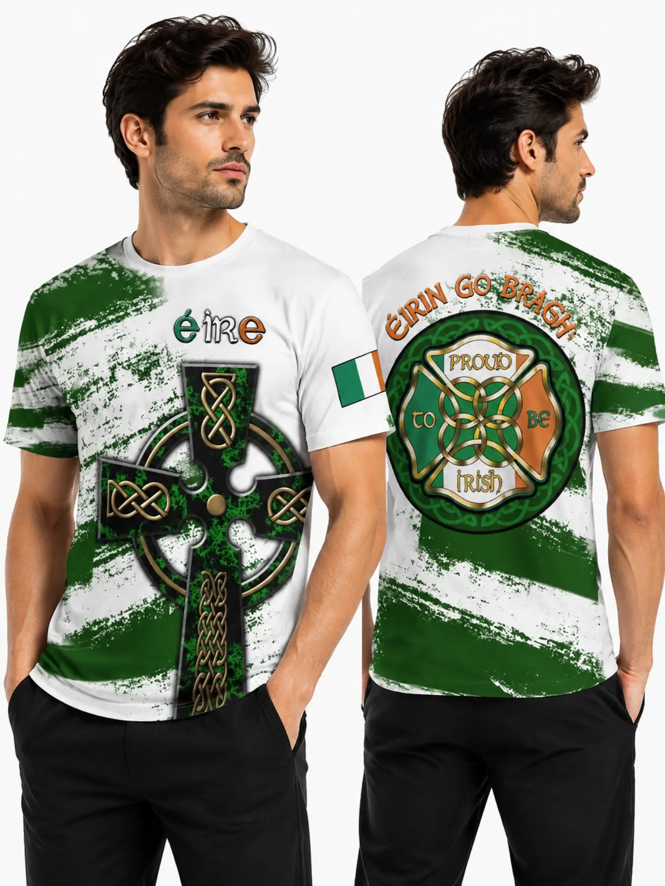 Irish Flag Graffiti 3D Full Print Short Sleeve T-Shirt, St Patrick's Day Proud to Be Irish Men's Round Neck Tee, Casual Loose Fit