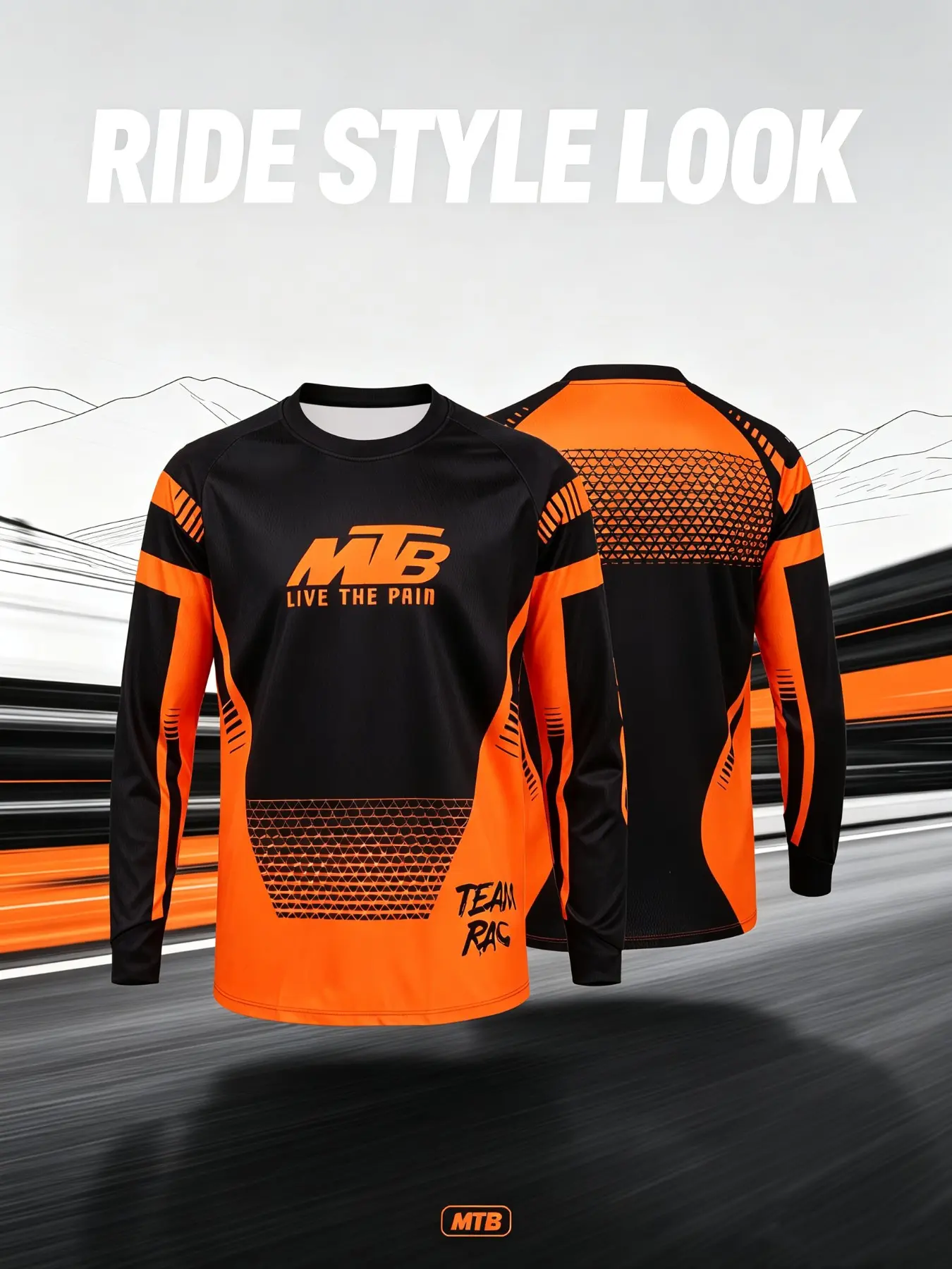 Men Long Sleeve Cycling Jersey, Black Orange Letter Graphic Breathable Quick Dry Shirt, Off Road Mountain Biking Motocross Outdoor Sports Riding Top.