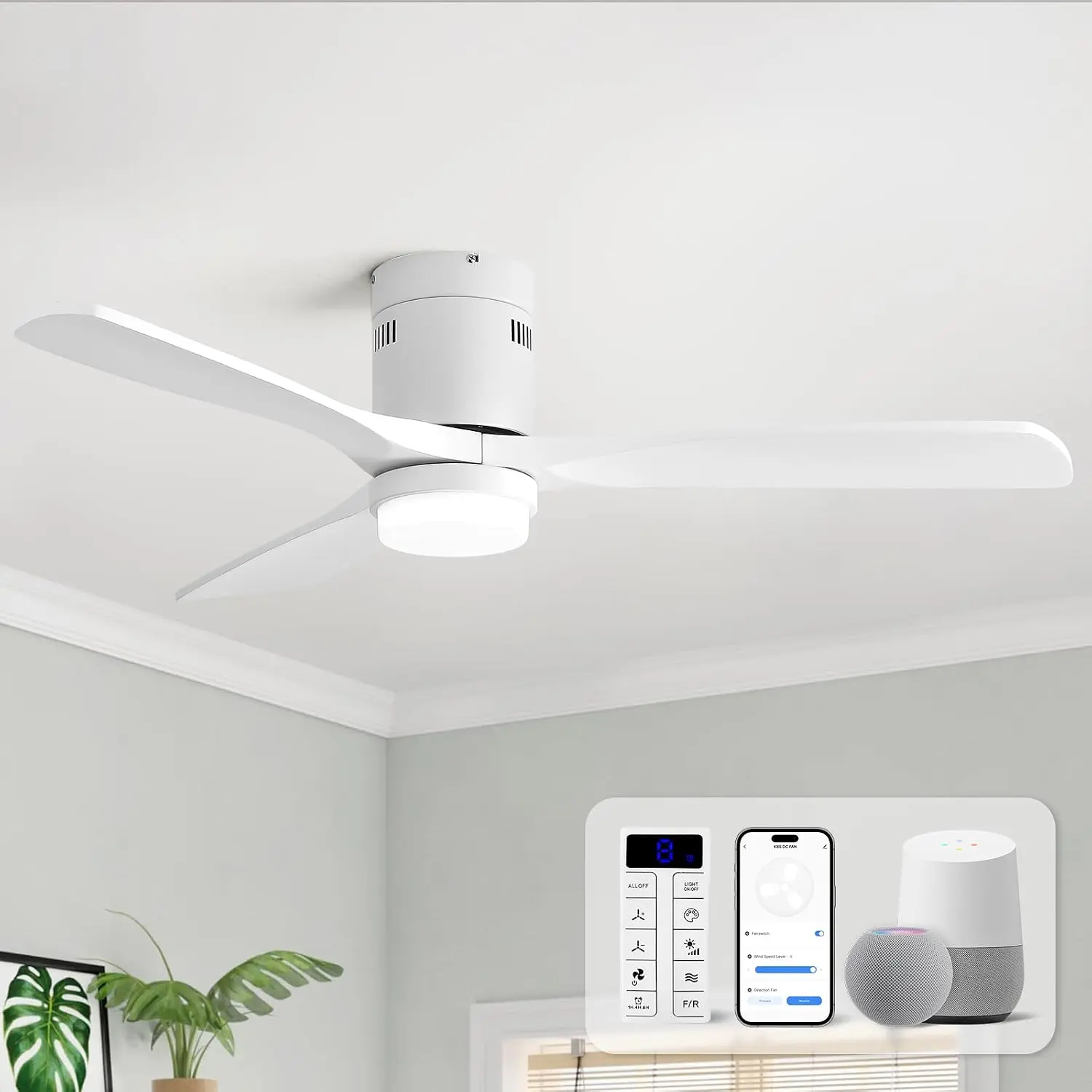 52 Inch  Ceiling Fans with Lights, Low Profile Flush Mount