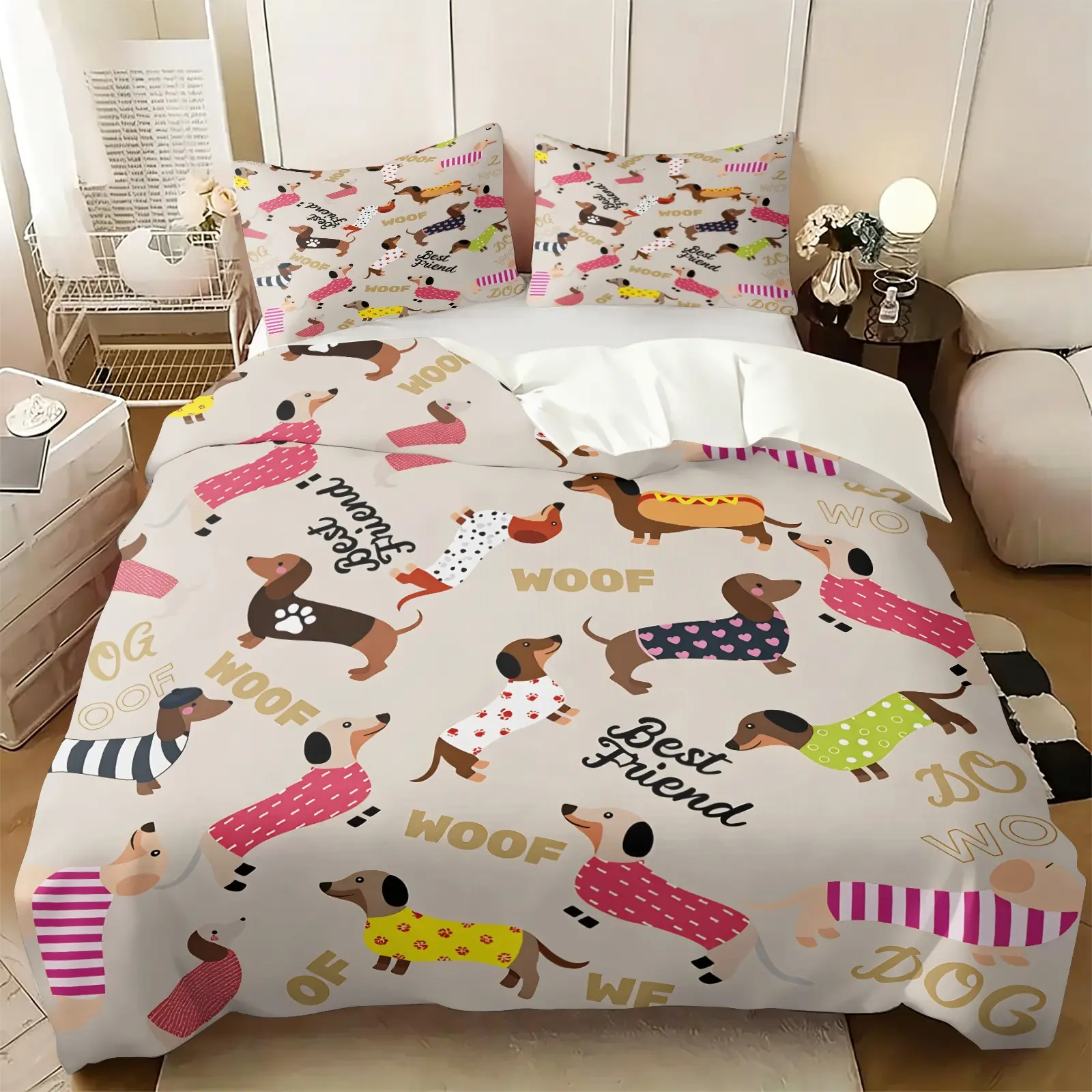 Cute Cartoon Dachshund Print Duvet Cover Set, Decorative Duvet Cover, Includes 1 or 2 Pillowcases, Simple Hand-drawn Pet Print, Breathable Fade Resistant, Skin-friendly Durable Fabric, For Pet Owners, Create Lovely Cozy Bedroom Vibe