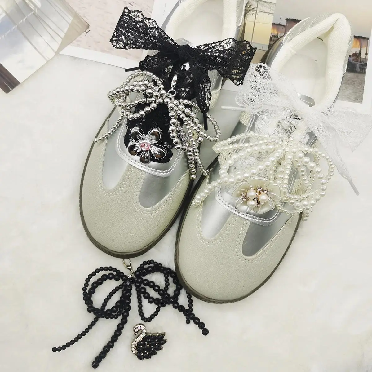6PCS Lace Shoelaces Decor Baroque Faux Pearl Bow Shoe Pendants Decorations Flower Shoelace Clips Accessories Swan Shoe Buckles