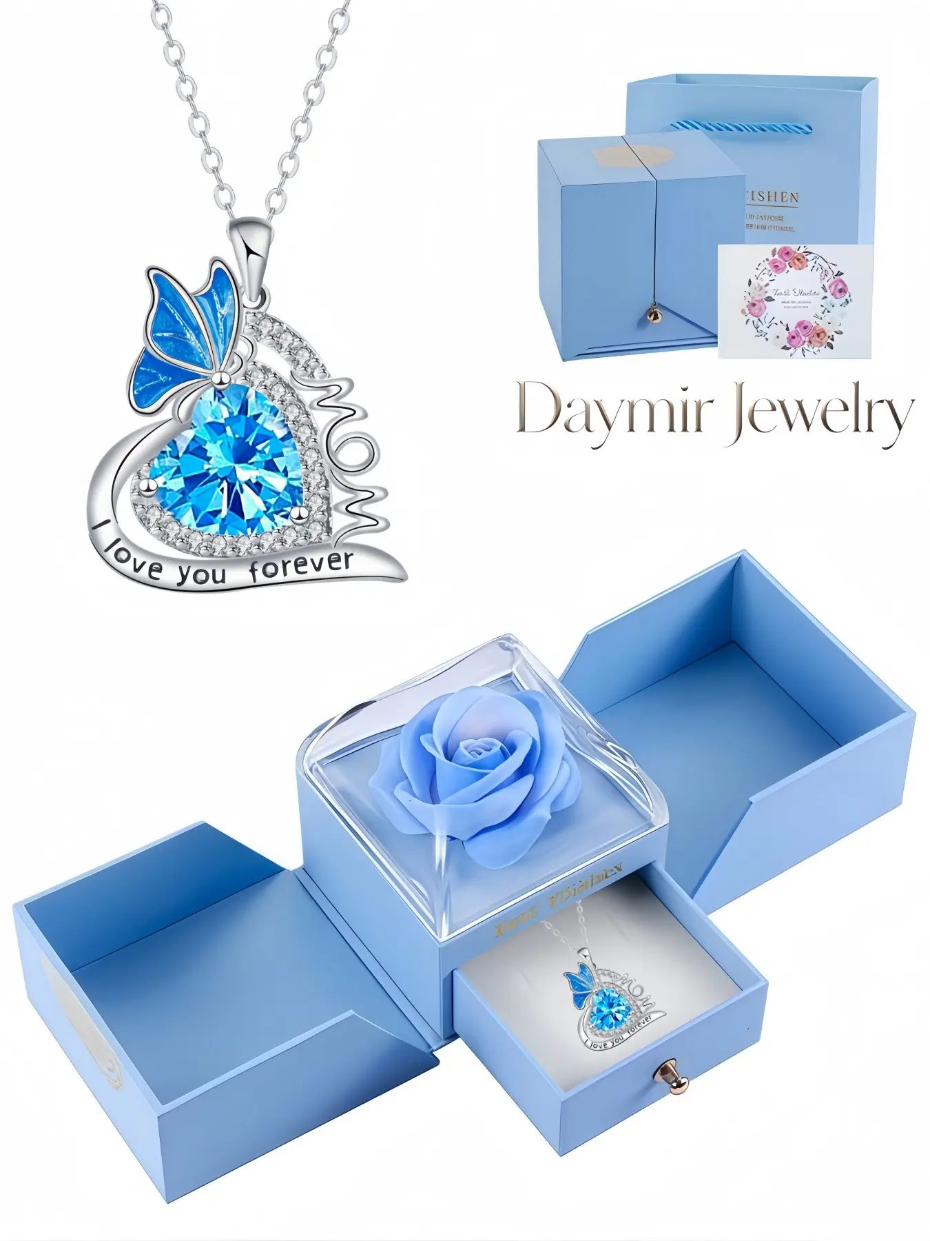 "Blue Butterfly Heart MOM Necklace", stylish drip glue heart-butterfly gem necklace inscribed with I Love You MOM, with double-door preserved rose box, ideal dating gifts for Valentine’s Day & Christmas.
