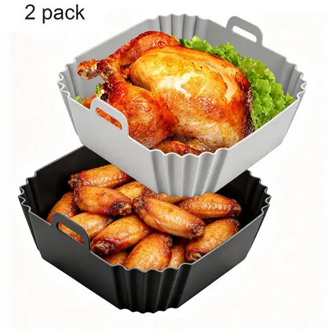 2‑Pack Square Silicone Air Fryer Liners, Kitchen, Compatible with Ninja AF141 / AF181 & COSORI 5‑6.5 QT & AQielev Air Fryer, 8.5 Inch Reusable Basket with Handles, BPA‑Free, Heat‑Resistant, Dishwasher‑Safe, Easy to Store, Air Fryer Accessories