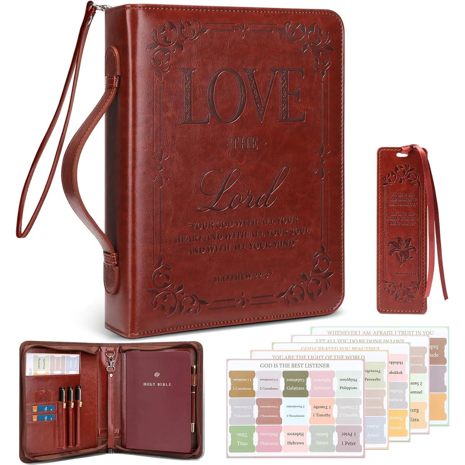 IVGHV  Cover Case for Women Men,PU Leather Carrying Book Case Brown | Large PU  cover bag with handle, bookmark, zippered pockets. Minimalist Debossed Design, a Christian  for women men.