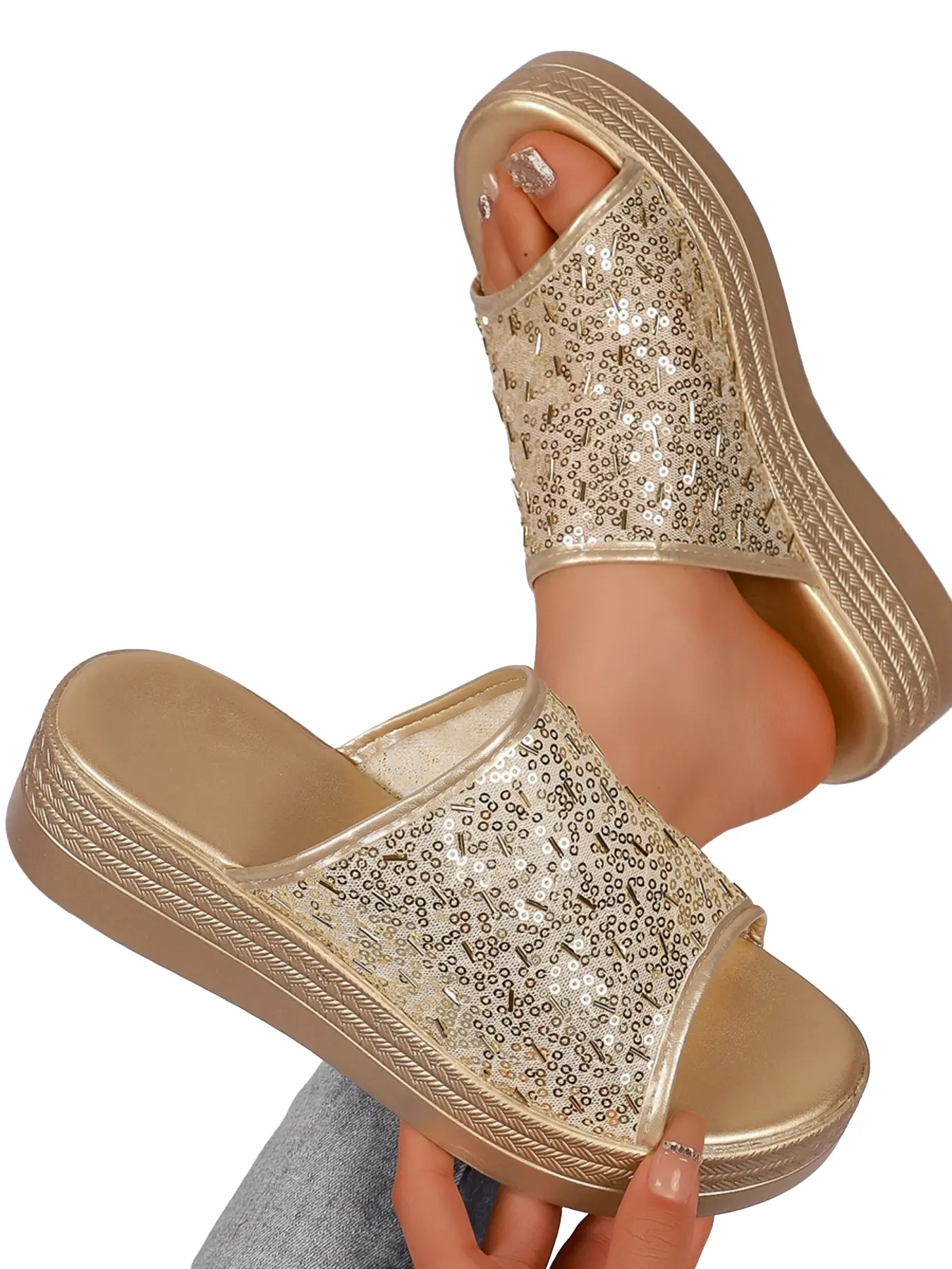 Women's Mesh Sequin Wide Strap Straw Wedge Sandals, Glamorous Open-Toe Slip-On Mules, Lightweight & Sparkly, Perfect for Summer Parties & Beach Vacations