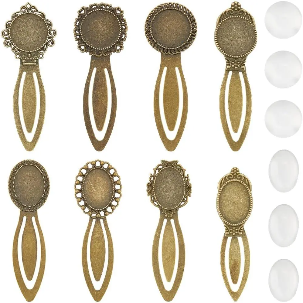 1 Box 16 count 8styles Blank Metal Bookmarks Bulk Antique Bookmark Glass Cabochon  Alloy Antique Bronze Books Reading Page Markers Kits for Women Birthday Party Gifts DIY Accessories