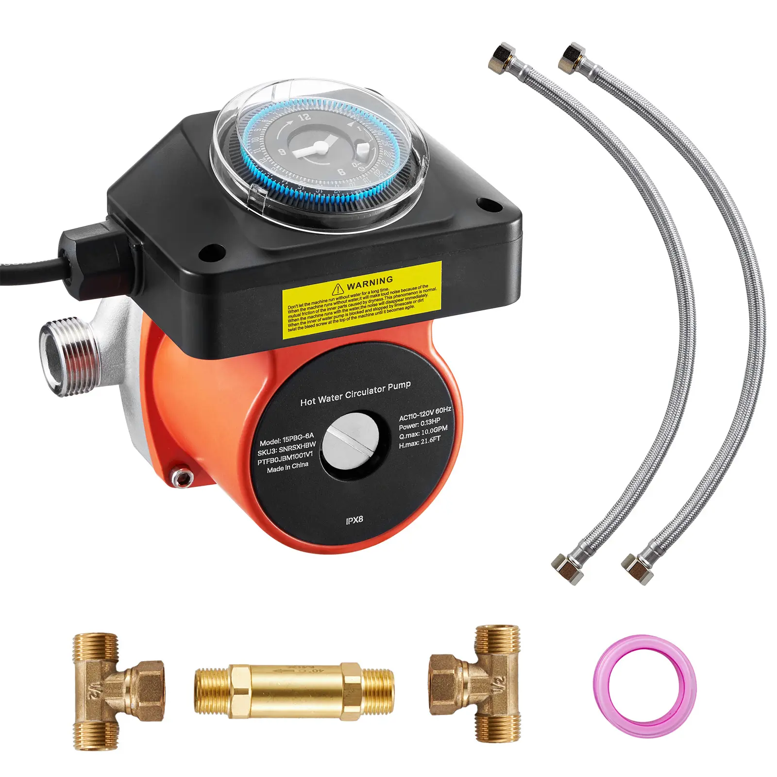 Hot Water Recirculating Pump, 0.13 HP Rated Power, 10 GPM Maximum Flow Rate, Programmable Timer, Whole-House Hot Water Circulation