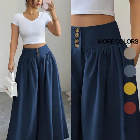 High-Waist Button Wide-Leg Loose Pants with Pocket, Stylish & Comfortable Design, Perfect for Daily Casual Wear