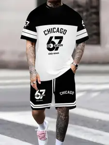 Men's Stylish Fun Number Print Pattern '67' Matching Tee and Shorts Set, Casual, Sports Style Summer, Suitable for Teens and Adults, Outdoor Activities and Daily Wear