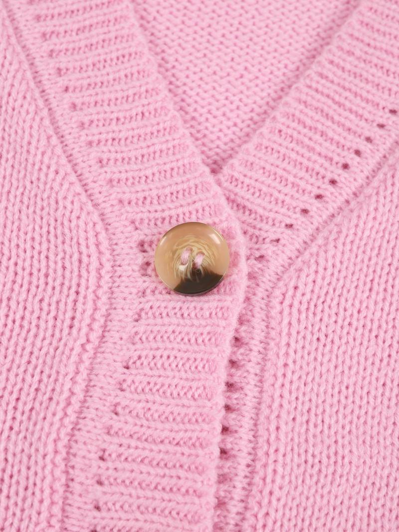 Women's Solid Button Front Drop Shoulder V Neck Cardigan & Elastic Waist Wide Leg Pants Two-piece Set, Matching Clothing Set, Casual Fashion Cozy Minimalist Knitwear Set for Daily Outdoor Wear, Women's Knitwear for Fall & Winter