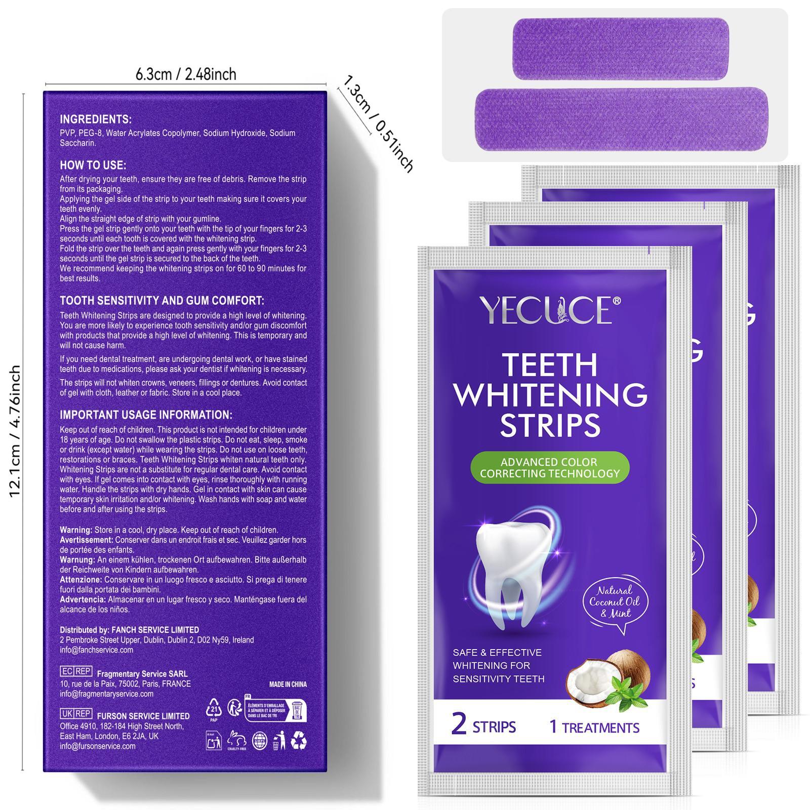 YECUCE Purple Teeth Whitening Strips contain natural coconut oil and peppermint. Advanced color correction improves yellowing teeth, breaks down stains, and eliminates tooth sensitivity. 14 strips/box Teeth Brightening Strips