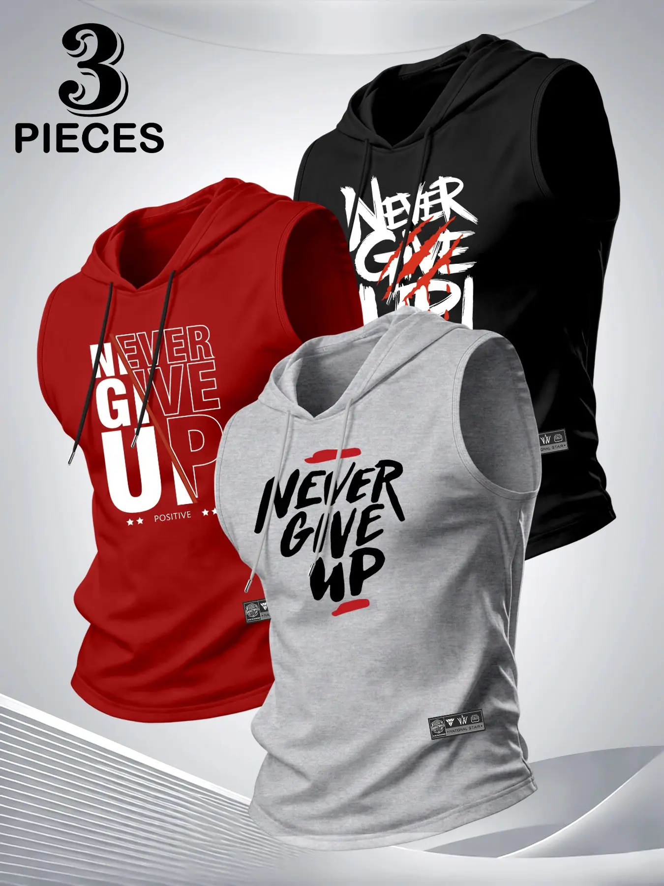 3-Piece Hooded Sleeveless T-Shirt Set, Summer Trendy Motivational Fitness Print Vest, Men Sport Vest, Daily Running Sportswear, Streetwear Outerwear