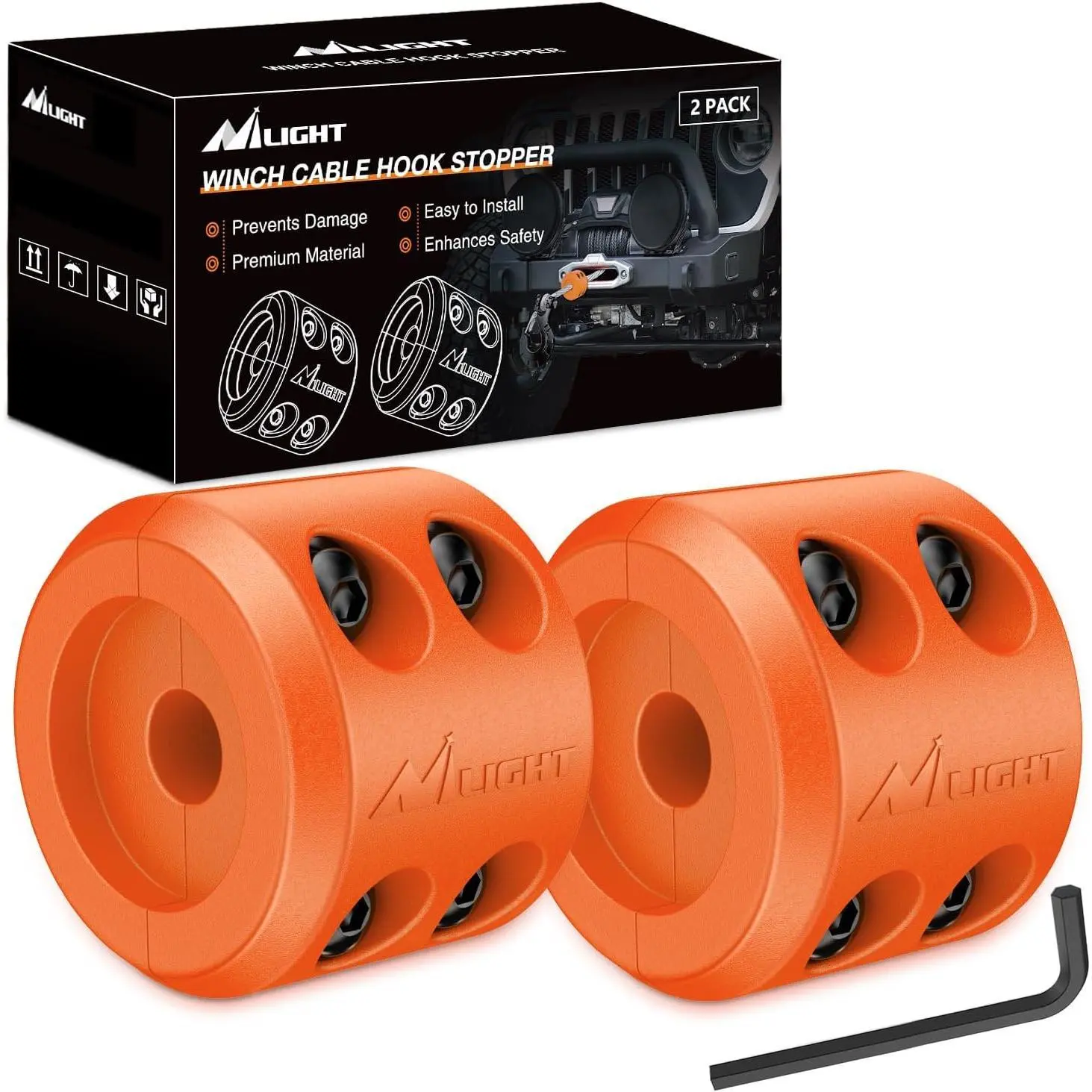 Nilight Winch Stopper for ATV UTV Truck SUV Winch Cable Hook Rubber Stopper 2 Pack Protect Towing Hook Synthetic Rope Winch Accessories Rope Line Saver with Stainless Steel Screws Allen Wrenc, Orange