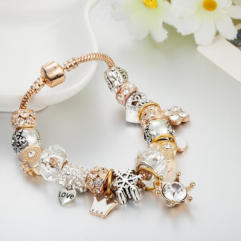 Beaded Crystal Bracelet with Crown, Heart & Snowflake Charms, Elegant Fashion Jewelry for Women, Perfect for Daily Wear, Parties & Gifting