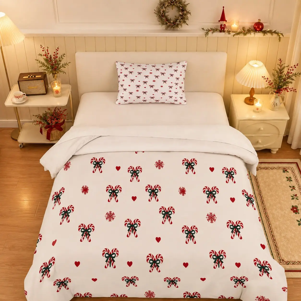 2/3Pcs Minimal White Christmas Candy Cane Duvet Cover Set (1 Quilt Cover + 1/2 Pillow Covers, No Comforter & Pillow Inserts), Single Side HD Print, Ideal for Bedroom, Dorm, Xmas Home Decor & Gifts