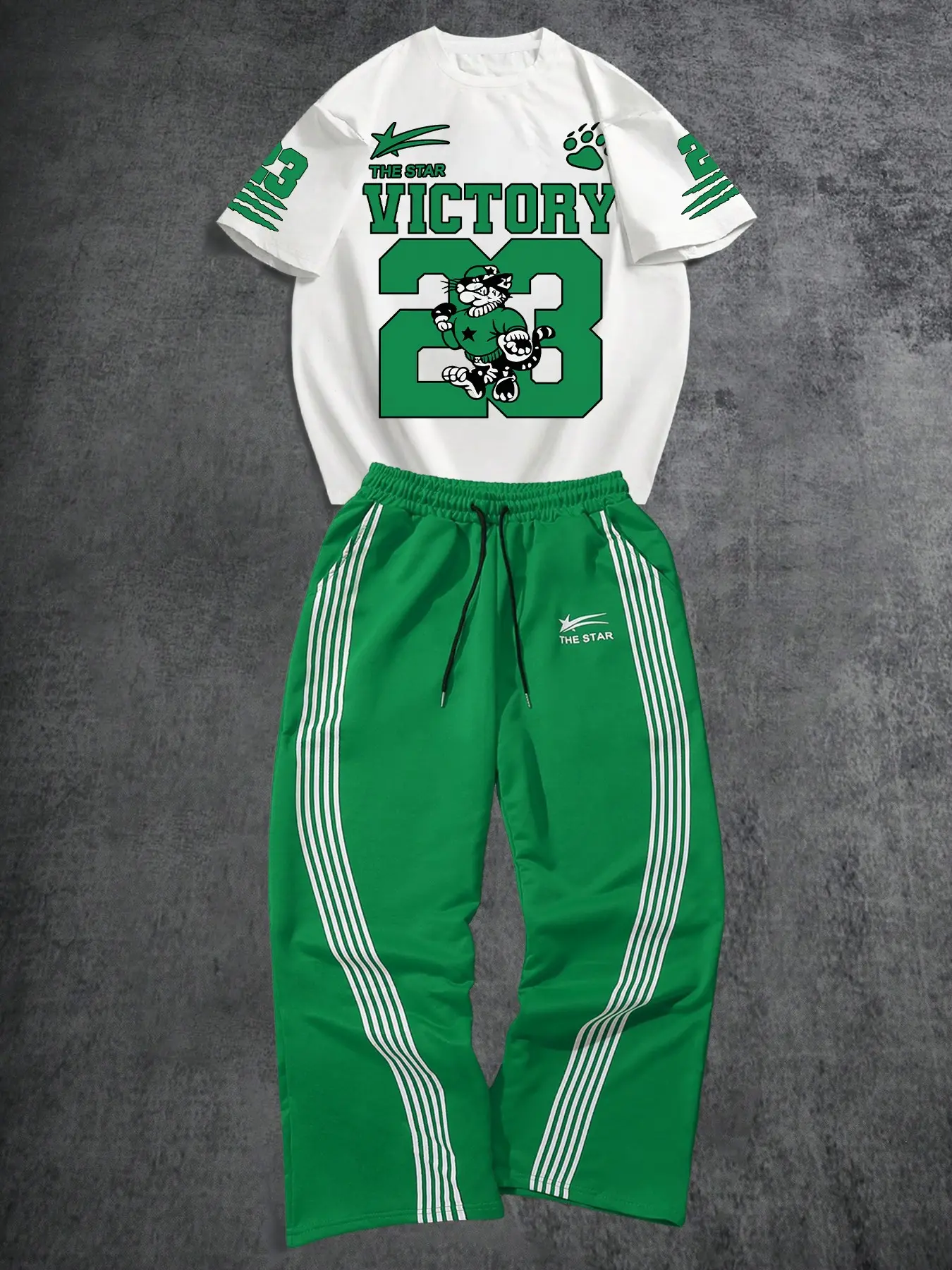 "VICTORY 23" Cartoon Graphic 2-Piece Tracksuit, Retro Sporty Urban Style, Soft Breathable Premium Fabric, Ideal for Streetwear Enthusiasts & Casual Fashion Fans, Daily Urban Outfits, Hangouts & Trendy Looks Celebrating Bold City Vibes