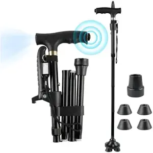 Adjustable Height Four Leg Walking Cane Foldable Anti-Slip Base Portable Senior Daily & Outdoor Hiking Crutch