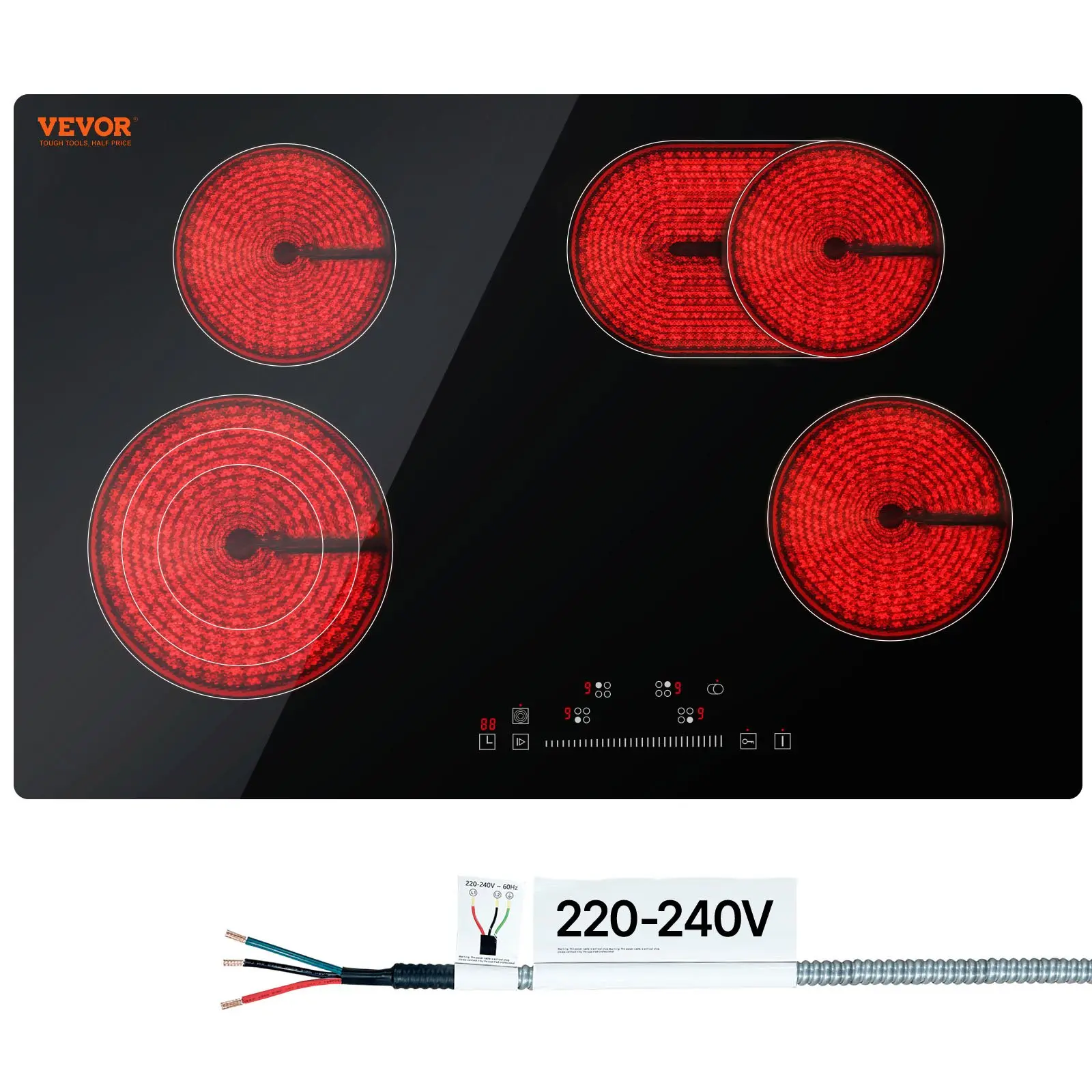 【DealsForYouDays】VEVOR Built-In Electric Glass Top Stove, 30.3" Wide Rectangular 4-Burner Cooktop, 240V 7200W Max Radiant Glass Stove Top with Sensor Touch Control, Time Timer, Child Lock, 9 Power Levels for Simmer Fry