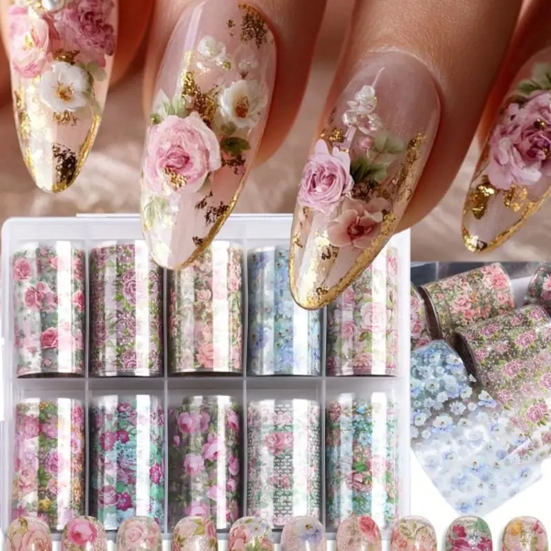 Nail Art Stickers, Boxed Set of 10 Different Designs, Holiday Pattern Art Foil Transfer Sticker Set, Laser Country Rose Pattern Nail Polish Foil Stickers, Suitable for Women's DIY Nail Decoration