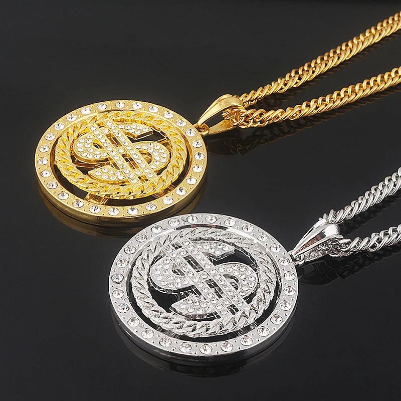 Big Rotatable US Dollar Money Sign Pendant Necklace Rapper Hip Hop Punk Long Chain Women's Statement Gift Jewelry