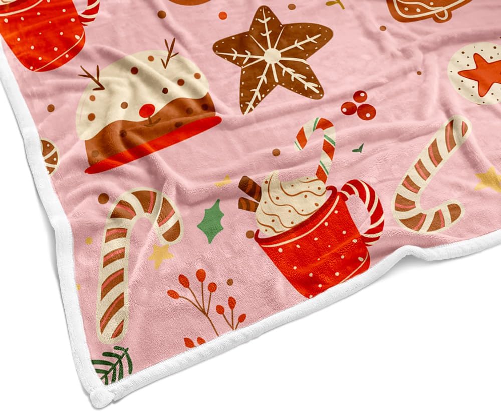 Pink Christmas Gingerbread Man Throw Blanket, Winter Cute Star Snowflakes Candy Cane Throws Blankets, Xmas Soft Lightweight Holiday Blanket for Couch Sofa Bed Chair Living Rooms Decor