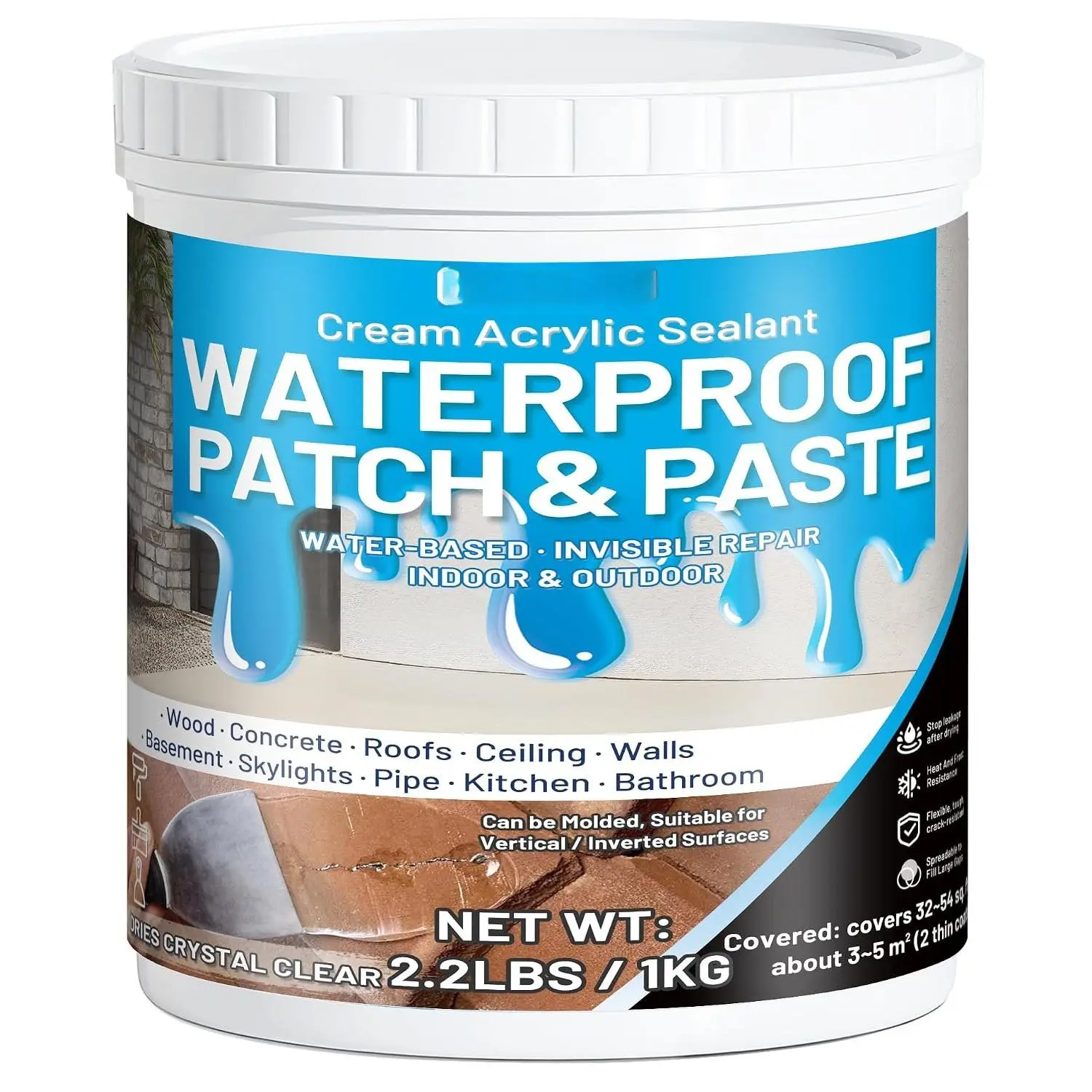 Patch & Seal Rubberized Sealant Paste, Anti-Leakage Clear 2.2lbs |  Paste Invisible Indoor & Outdoor Repair for Curved and Vertical Surfaces , Tile, Stone, Roofs, Wall