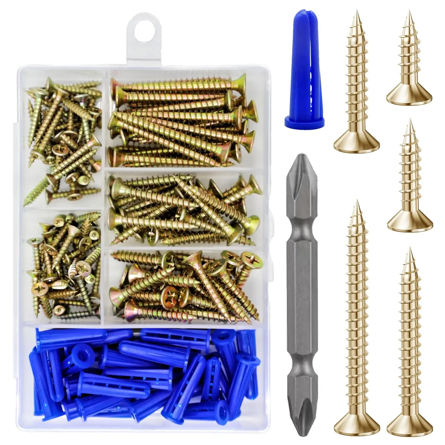 (150Pcs) Yellow Zinc  Screw Quick Metal Self Tapping Flat  with Drywall Plastic Anchors kit