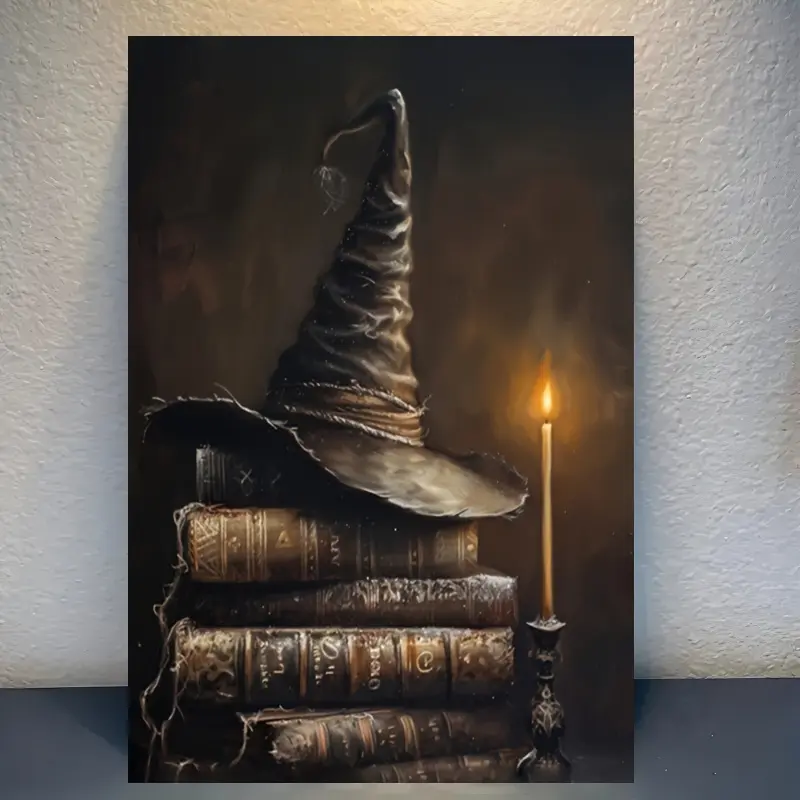 Room Decor 1pc Mystical Wizard Hat & Ancient Tomes Canvas Art Print, Frameless Fantasy Wall Decor, Unique Gift for Book Lovers, 12.0x18.0inch, for Home, Office, Cafe, Perfect for Room Decor