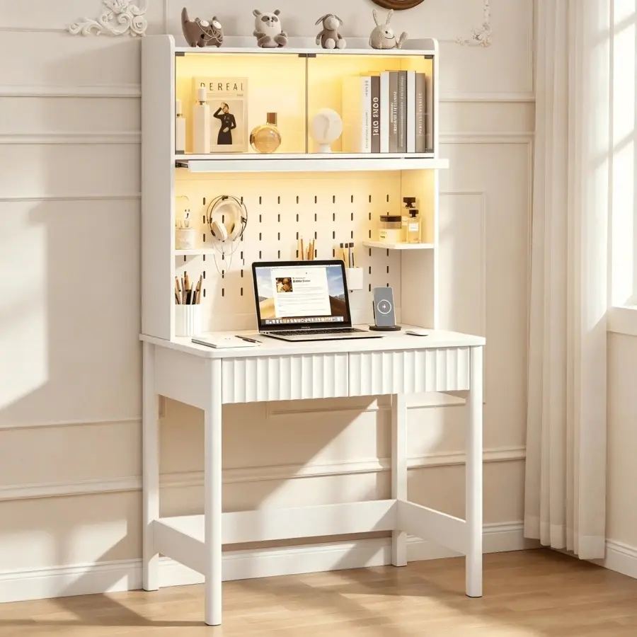 Lvifur 31.5" LED Study Desk With Hutch,Outlets,Reading Lights| Computer Desk With Charging Station,2 Drawer,Compact Writing Desks,Home Office Desks For Bedroom,Black