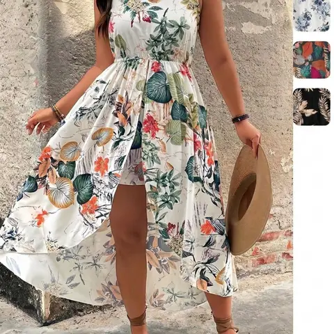 [Plus Size] Two-piece Set Floral Print Split Hem Top & Shorts Set Sleeveless, Boho Casual Two-piece Outfits for Beach Vacation Holiday, Women's Clothes for Summer, Bohemian, Fashion Style Sets, Womenswear, Fashion Clothing Set