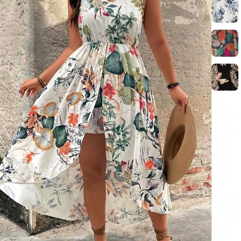[Plus Size] Two-piece Set Floral Print Split Hem Top & Shorts Set Sleeveless, Boho Casual Two-piece Outfits for Beach Vacation Holiday, Women's Clothes for Summer, Bohemian, Fashion Style Sets, Womenswear, Fashion Clothing Set