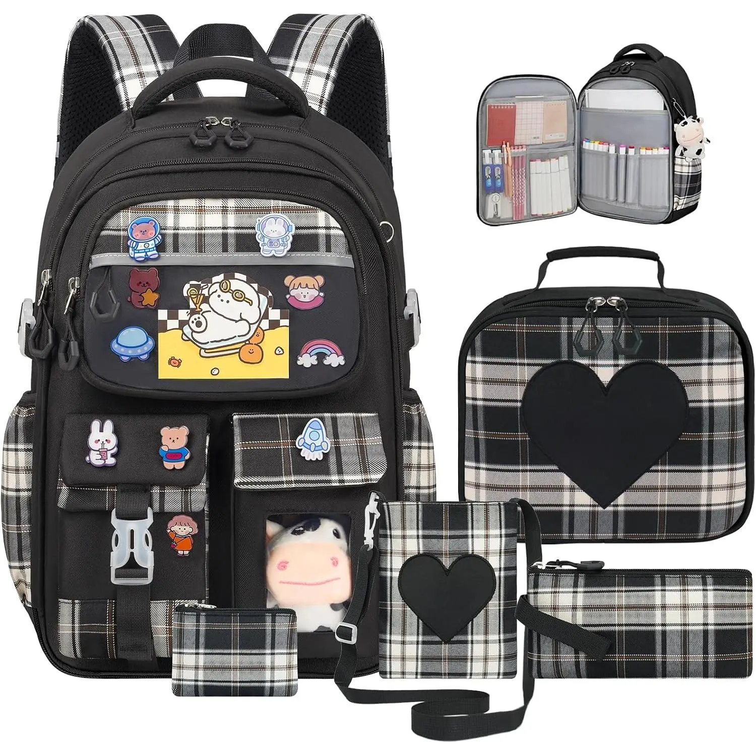 Cute Backpack for Girls, 5 Pack Black Kawaii Backpack with Lunch Box Set | Girls Aesthetic School Bookbag for  Teen Elementary