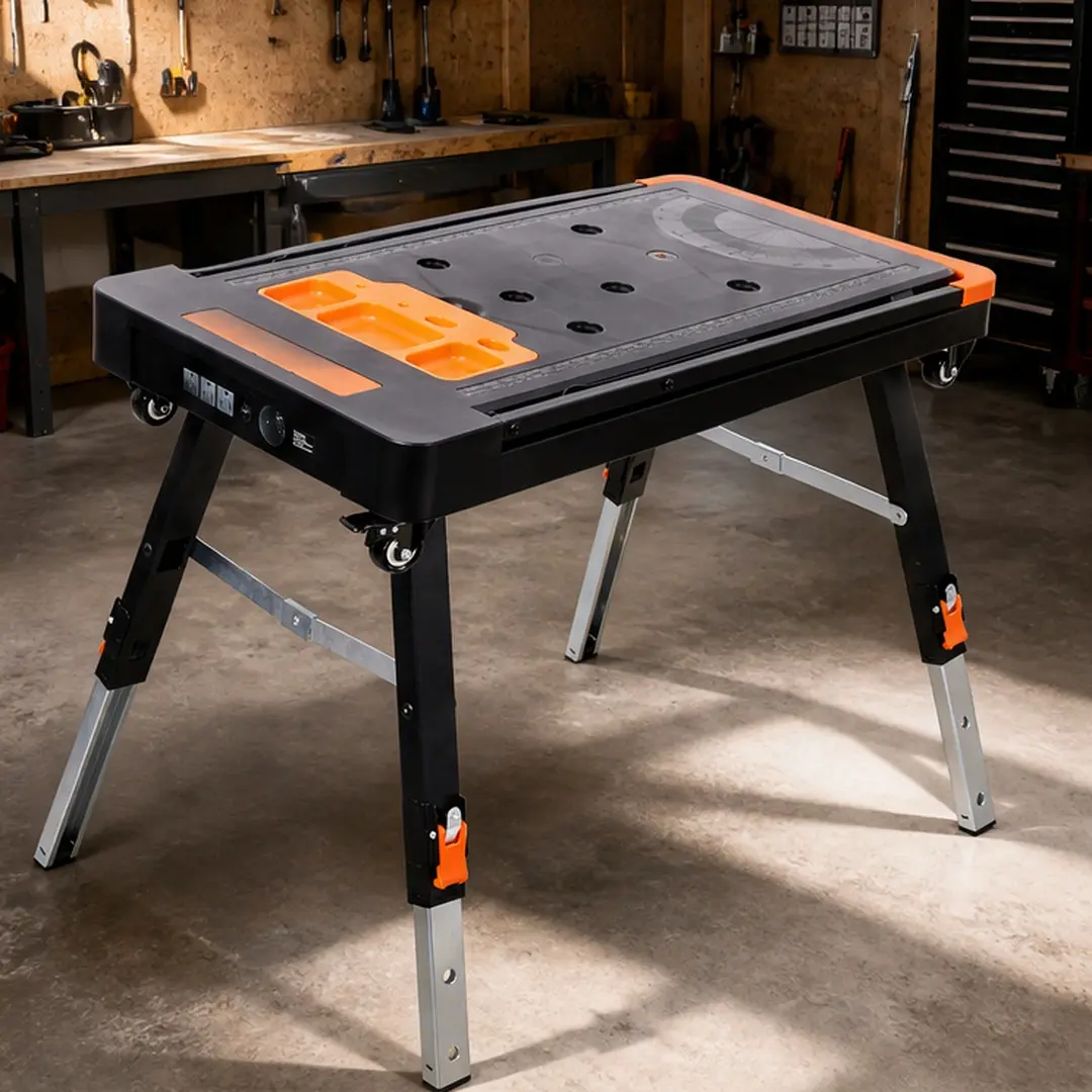 ARCH Sturdy 8-in-1 Anti-Corrosion Steel Folding Work Table - 550 lbs Capacity, Portable, Adjustable Height, Built-In Convenience (Tool Tray/Protractor/Ruler), Wheels, 20.20 w x 38.50 d x 21.00 h in, 33.96 lb, for Garage Maintenance, DIY Home Projects