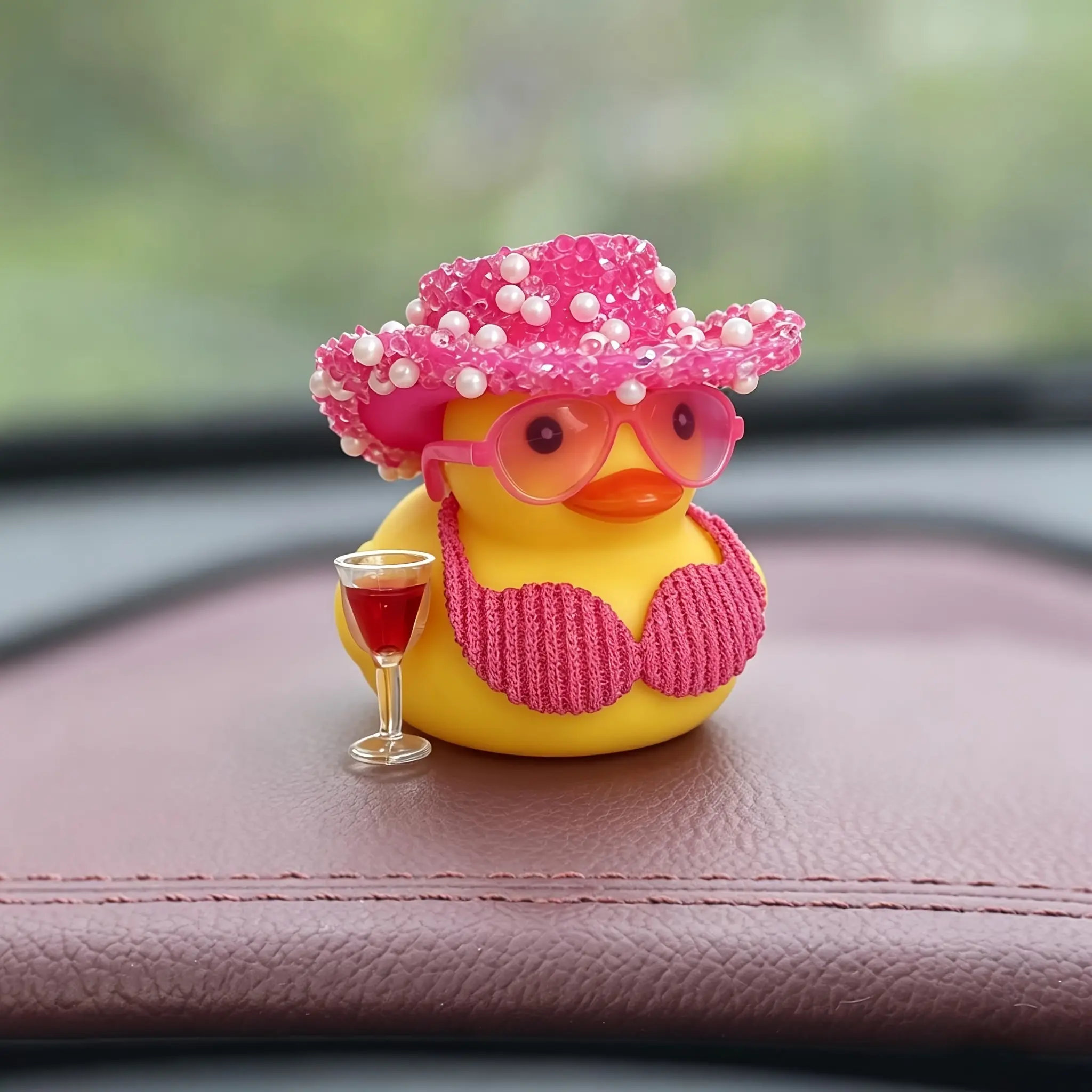 1pc Swimsuit Party Duck Car Dashboard Decoration, with Sparkling Pink Cowboy Hat, Fashionable Glasses, Wine Cup, Bikini - Funny Car Accessory, Enhancing Joyful Driving Atmosphere, Novelty Car Accessory Gift
