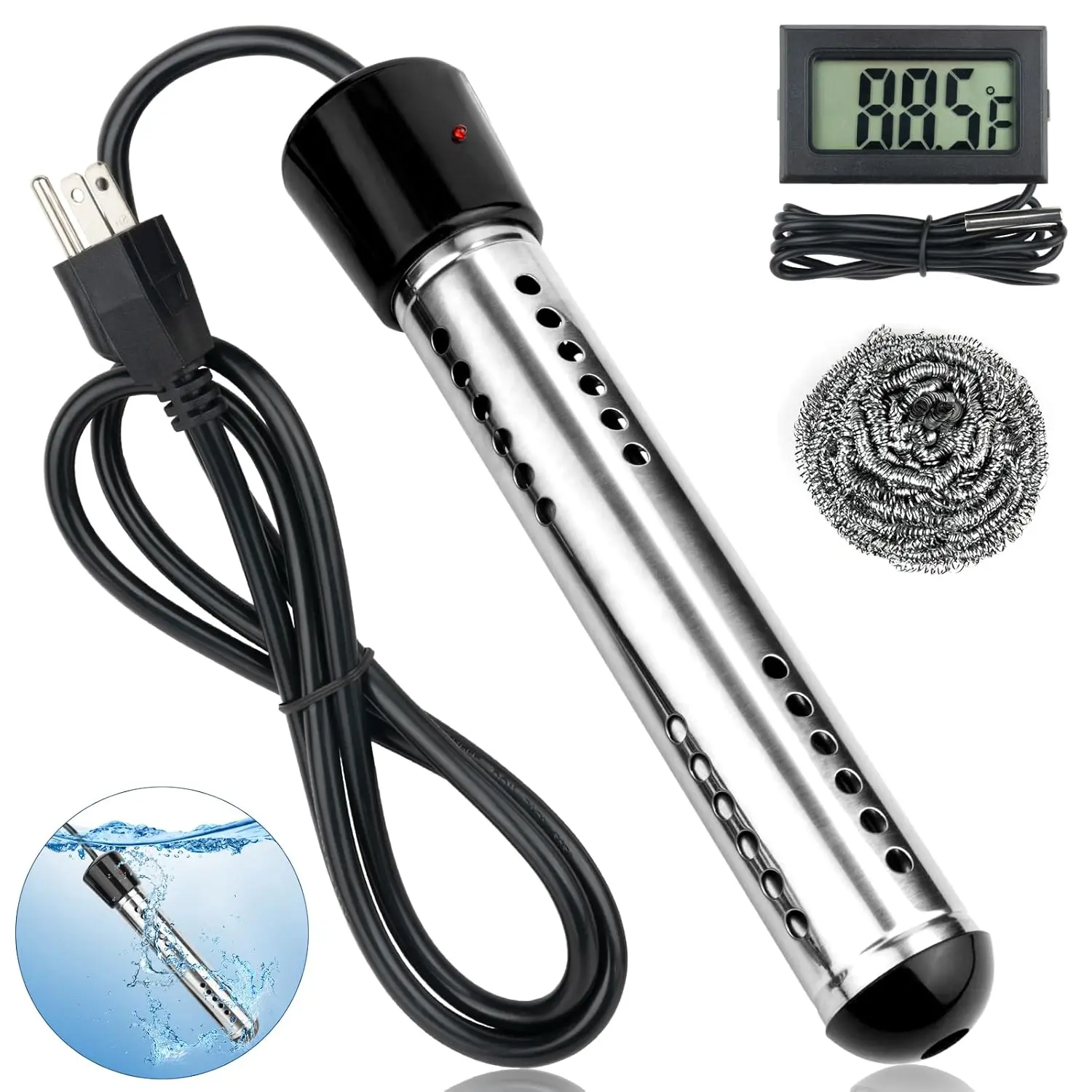 Immersion Water Heater Electric, 2000W Portable Hot Water Heater with 304 S S Guard & LCD Thermometer, Submersible Water Heater Heats up 5 Gallons of Water in Minutes for Bucket Bathtub Small Pool